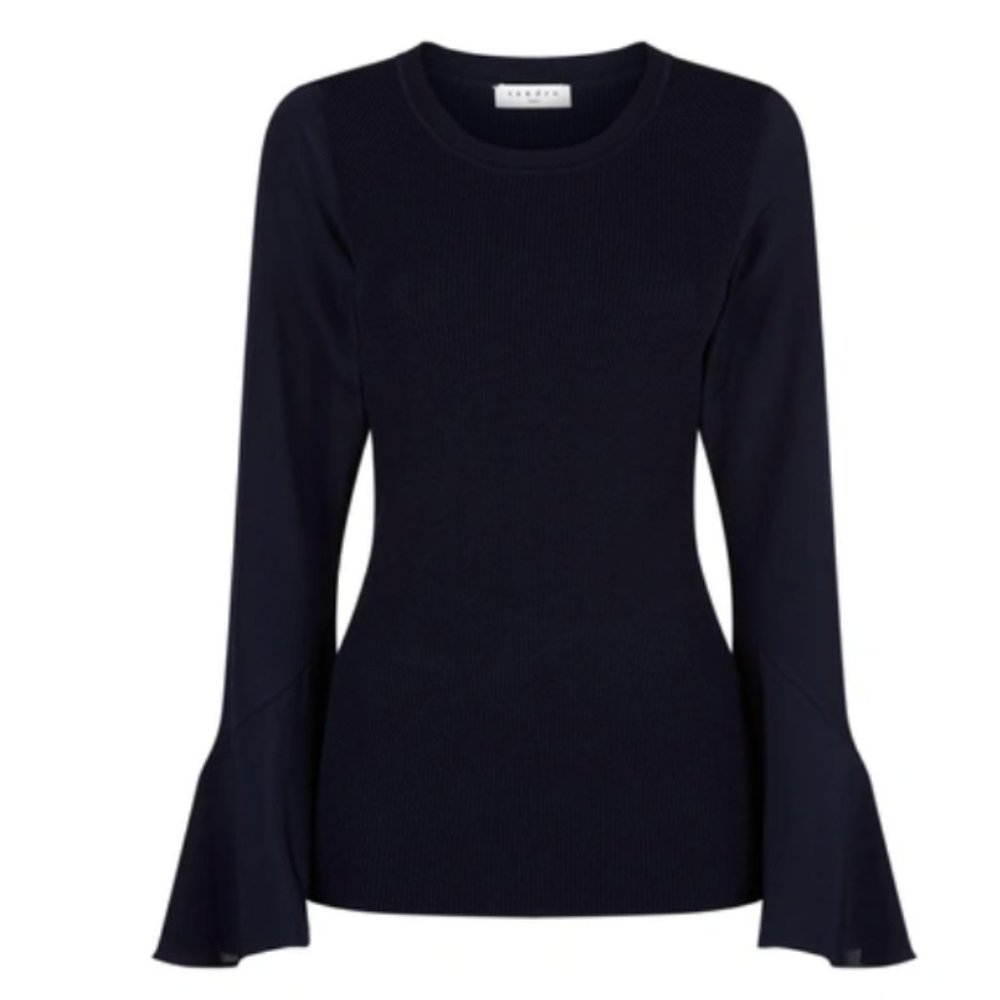 Sandro Blue Ruddy Silk Bell Sleeve Ribbed Sweater Blouse (Size 0)